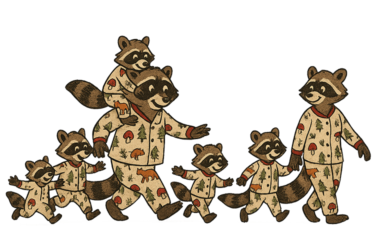 Family of raccoons in pajamas