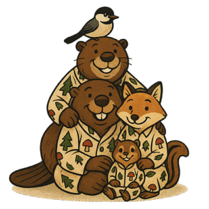 Family portrait of woodland animals in matching PJs
