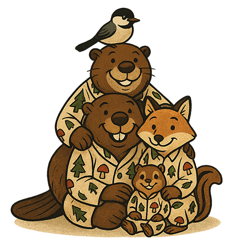 Family portrait of woodland animals in matching PJs